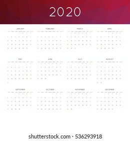 Calendar 2020 year simple style. With abstract geometric triangle mosaic tessllation header,banner.  Week starts from sunday