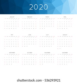 Calendar 2020 year simple style. With abstract geometric triangle mosaic tessllation header,banner.  Week starts from sunday