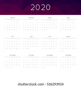 Calendar 2020 year simple style. With abstract geometric triangle mosaic tessllation header, banner.  Week starts from sunday