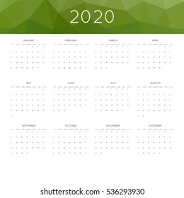 Calendar 2020 year simple style. With abstract geometric triangle mosaic tessllation header,banner.  Week starts from sunday