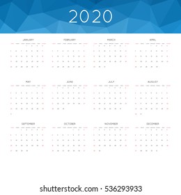 Calendar 2020 year simple style. With abstract geometric triangle mosaic tessllation header,banner.  Week starts from sunday
