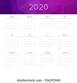 Calendar 2020 year simple style. With abstract geometric triangle mosaic tessllation header,banner.  Week starts from sunday