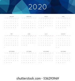 Calendar 2020 year simple style. With abstract geometric triangle mosaic tessllation header,banner.  Week starts from sunday