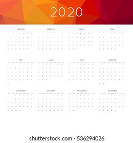 Calendar 2020 year simple style. With abstract geometric triangle mosaic tessllation header,banner.  Week starts from sunday