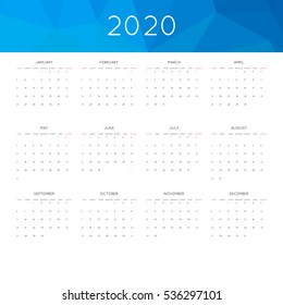 Calendar 2020 year simple style. With abstract geometric triangle mosaic tessllation header, banner.  Week starts from sunday