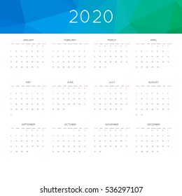 Calendar 2020 year simple style. With abstract geometric triangle mosaic tessllation header,banner.  Week starts from sunday