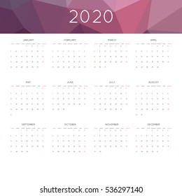 Calendar 2020 year simple style. With abstract geometric triangle mosaic tessllation header,banner.  Week starts from sunday
