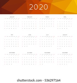 Calendar 2020 year simple style. With abstract geometric triangle mosaic tessllation header,banner.  Week starts from sunday