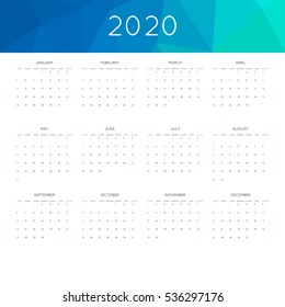 Calendar 2020 year simple style. With abstract geometric triangle mosaic tessllation header, banner.  Week starts from sunday