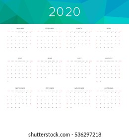 Calendar 2020 year simple style. With abstract geometric triangle mosaic tessllation header, banner.  Week starts from sunday