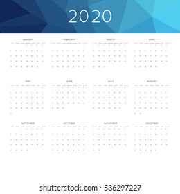 Calendar 2020 year simple style. With abstract geometric triangle mosaic tessllation header,banner.  Week starts from sunday