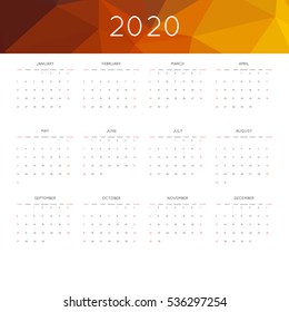 Calendar 2020 year simple style. With abstract geometric triangle mosaic tessllation header,banner.  Week starts from sunday