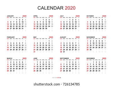 Calendar 2020 year simple style. Week starts from Sunday. Vector illustration.
