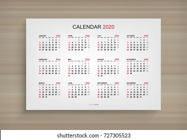 Calendar 2020 year in simple style on white canvas frame. Week starts from Sunday. Vector illustration.