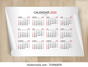 Calendar 2020 year in simple style on white paper sheet and wooden texture background. Week starts from Sunday. Vector illustration.