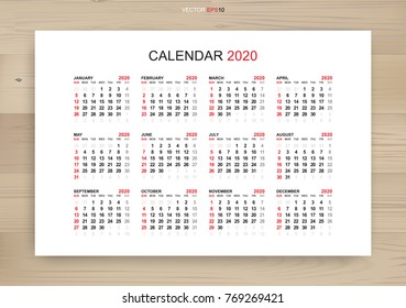 Calendar 2020 year in simple style on wooden texture background. Week starts from Sunday. Vector illustration.