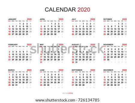 Calendar 2020 year simple style. Week starts from Sunday. Vector illustration.