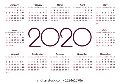 Calendar 2020 year. Simple Vector Template. Stationery Design Template. Calendar design in black and white colors, holidays in red colors. Isolated vector illustration on white background.
