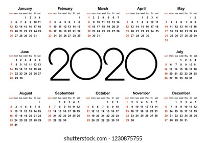 Calendar 2020 year. Simple Vector Template. Stationery Design Template. Calendar design in black and white colors, holidays in red colors. Isolated vector illustration on white background.