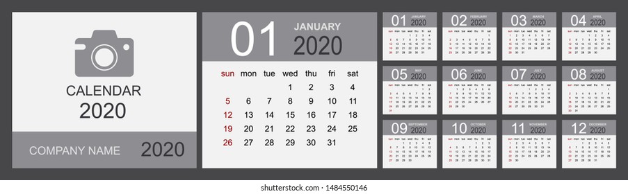Calendar 2020 year. Simple Vector Template. Week Starts on Sunday. Vector illustration