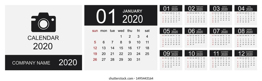 Calendar 2020 year. Simple Vector Template. Calendar design in black and white colors, holidays in red colors. Week Starts on Sunday. Vector illustration