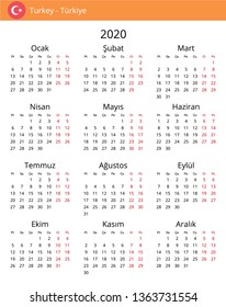 Calendar 2020 year for Turkey country. Turkish language. In a portrait format without holidays. Week starts on Monday