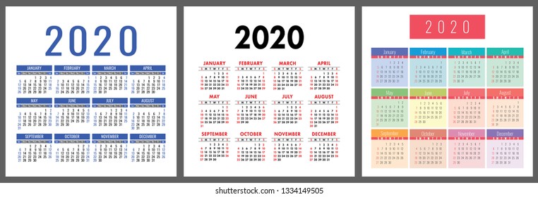 Calendar 2020 year. Vector calender design template. Colorful set. Week starts on Sunday