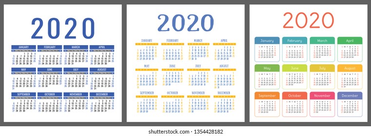 Calendar 2020 year. Vector calender design template. Colorful set. Week starts on Sunday