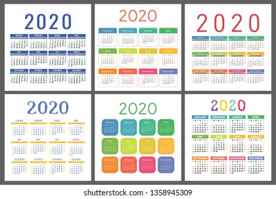 Calendar 2020 year. Vector calender design template. Colorful set. Week starts on Sunday