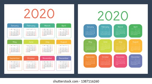 Calendar 2020 year. Vector calender design template. English colorful set. Week starts on Sunday