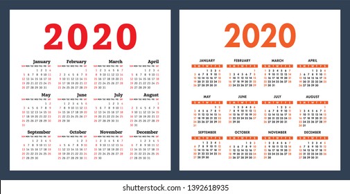Calendar 2020 year. Vector design template set. Pocket calender. Week starts on Sunday