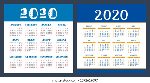 Calendar 2020 year. Vector design template set. Pocket calender. Week starts on Sunday