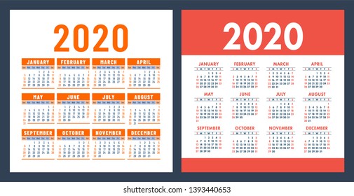 Calendar 2020 year. Vector design template set. Pocket calender. Week starts on Sunday