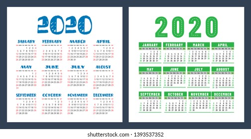 Calendar 2020 year. Vector design template set. Pocket calender. Week starts on Sunday