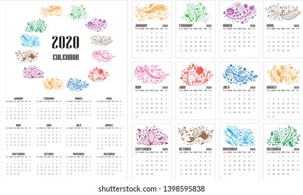 Calendar 2020 year. Vector design template set.