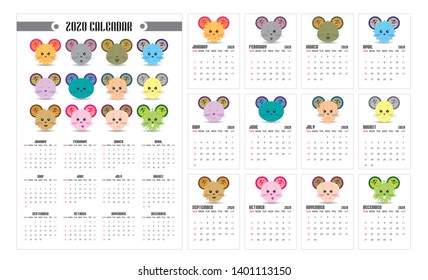 Calendar 2020 year. Vector design template set.