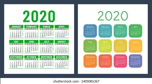 Calendar 2020 year. Vector design template set. Colorful pocket calender. Week starts on Sunday