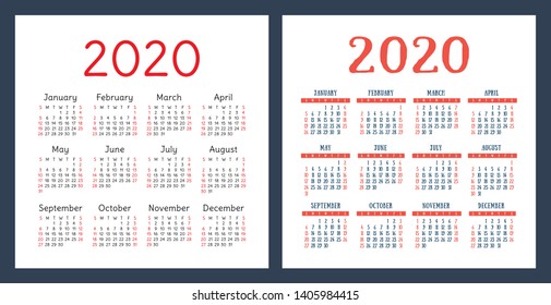 Calendar 2020 year. Vector design template set. Pocket calender. Week starts on Sunday