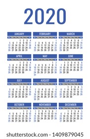 Calendar 2020 year. Vector design template. English vertical pocket calender. Week starts on Sunday