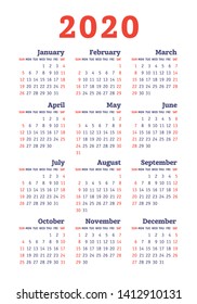 Calendar 2020 year. Vector design template. English vertical pocket calender. Week starts on Sunday
