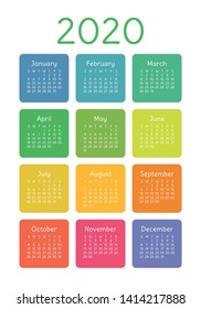 Calendar 2020 year. Vector design template. Colorful English vertical pocket calender. Week starts on Sunday