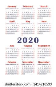 Calendar 2020 year. Vector design template. English vertical pocket calender. Week starts on Sunday