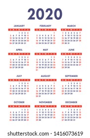 Calendar 2020 year. Vector design template. English vertical pocket calender. Week starts on Sunday
