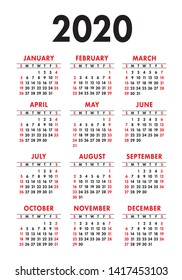 Calendar 2020 year. Vector design template. English vertical pocket calender