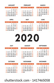Calendar 2020 year. Vector design template. English vertical pocket calender. Week starts on Sunday