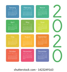 Calendar 2020 year. Vector design template. Colorful English square pocket calendar. Week starts on Sunday