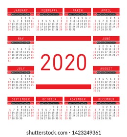 Calendar 2020 year. Vector design template. Color English square pocket calendar. Week starts on Sunday