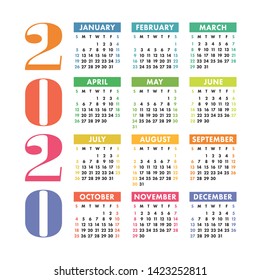 Calendar 2020 year. Vector design template. Colorful English square pocket calendar. Week starts on Sunday