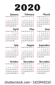 Calendar 2020 year. Vector design template. English vertical pocket calender. Week starts on Sunday