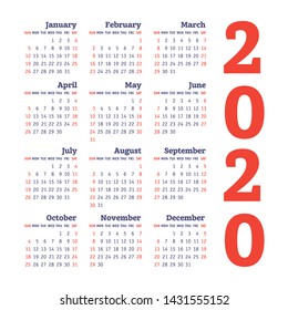 Calendar 2020 year. Vector design template. Color English square pocket calender. Week starts on Sunday